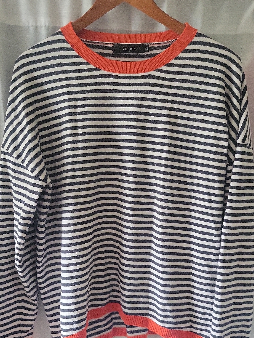 Zesica Women’s Navy & White Striped Crewneck Sweater with Coral Trim